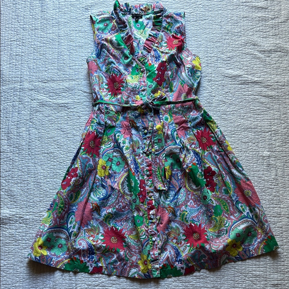 Talbots Floral Midi Button-Down Dress, ruffle detail, adjustable waist ties, 10